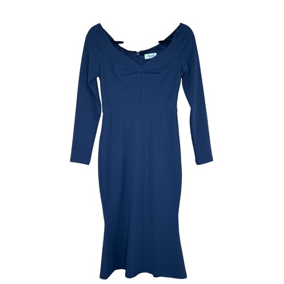 Lumier by Bariano Dark Blue Bodycon Cocktail Dress XS Quiet Luxury Romantic Midi - Picture 1 of 7